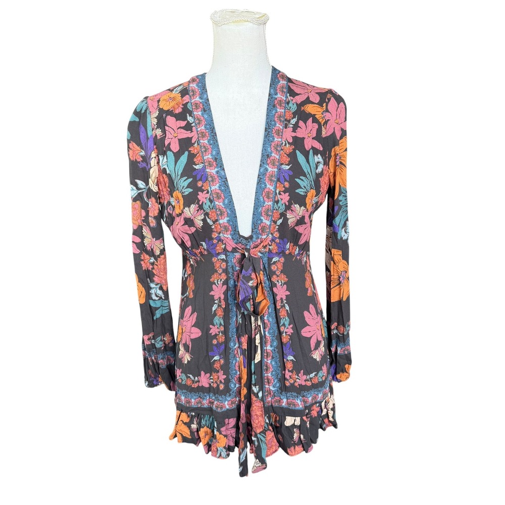 Free People Floral Mini Dress Long Sleeve‎ V-Neck Tie Front Ruffle Size 2